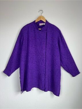 VTG Yi Lin 100% Silk Purple Floral Textured Artsy Mandarin Collar Blouse 2X